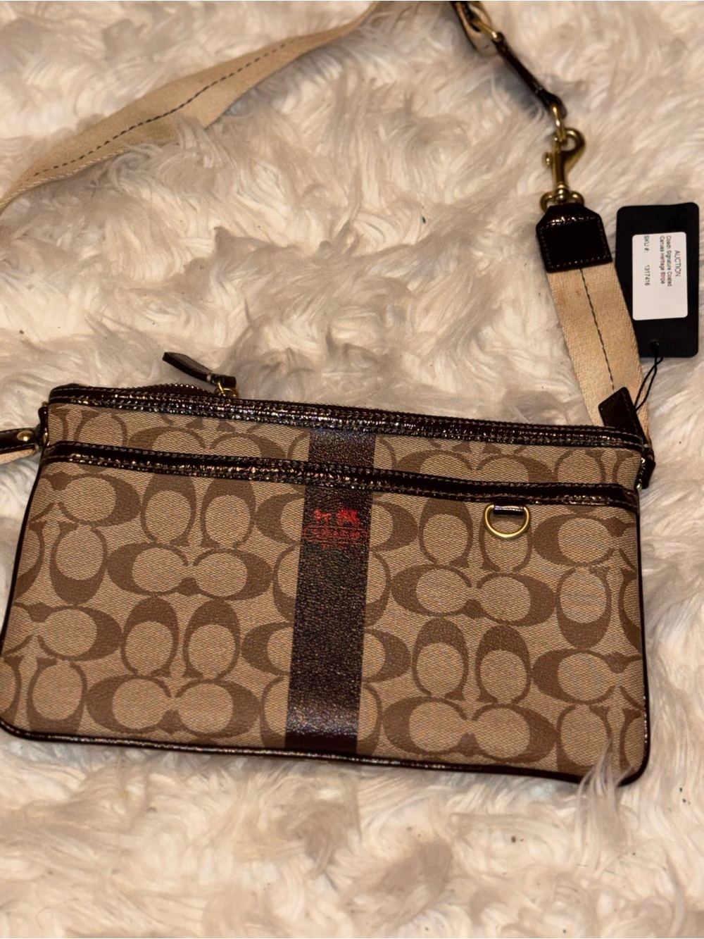 Coach Signature Stripe East West Swingpack Crossbody Bag Y2K Khaki Brown